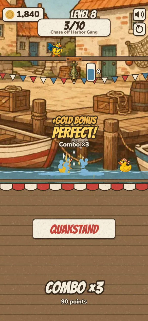 Gameplay: a drop hits a gang duck, combo ×3